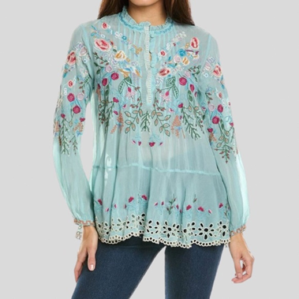 Johnny Was Bohemian Embroidered Flowy Tiered Tunic Style Blouse